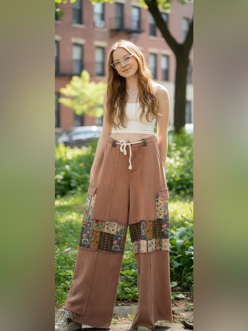 POL Boho Floral Patchwork Wide Leg Cargo Pants Brown Size L NWOT